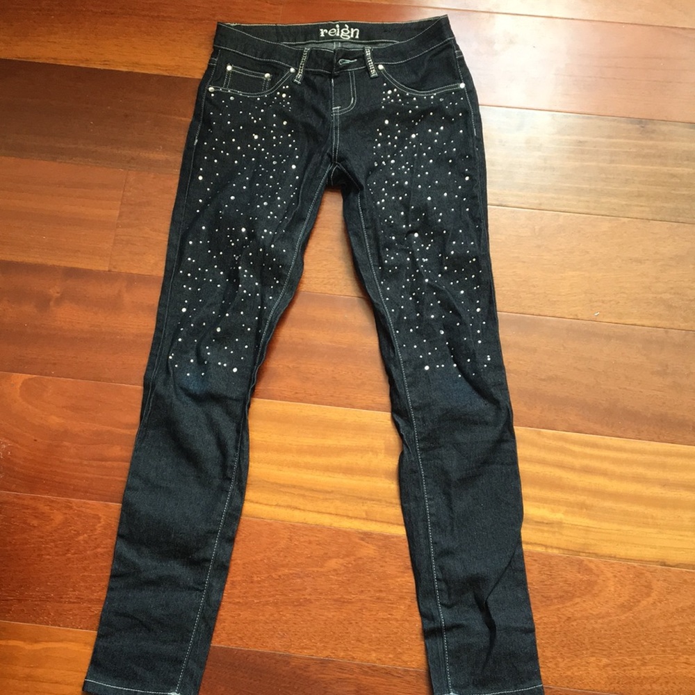 Dark blue low rise rhinestone jeans